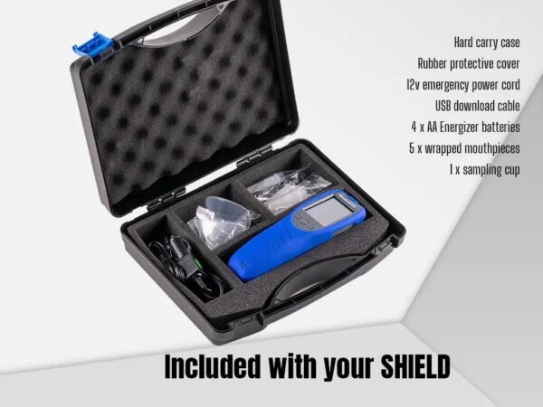 The complete set of SHIELD Express breathalyser in a hard carry case