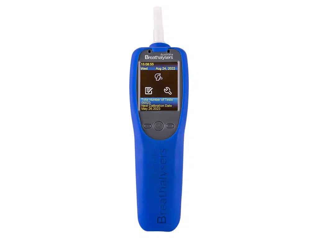 The SHIELD Express breathalyser in blue casing