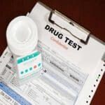 A form showing the results of a drug test and a testing cup on top