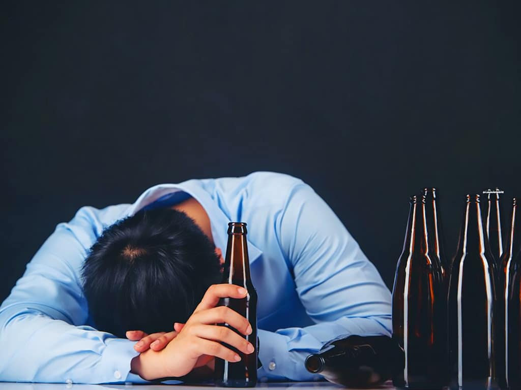 A man slumped over a table while holding a bottle of alcohol next to many empty bottles