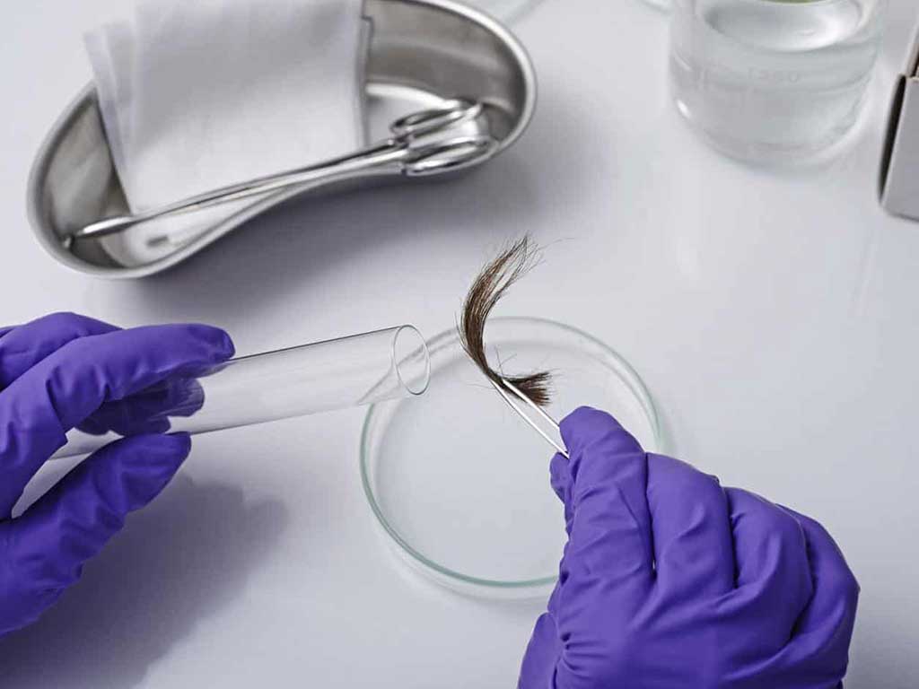 A professional placing a hair sample in a vial using a tweezer