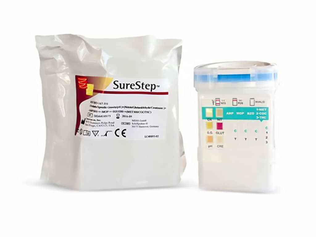 A SureStep urine drug test kit with the packaging