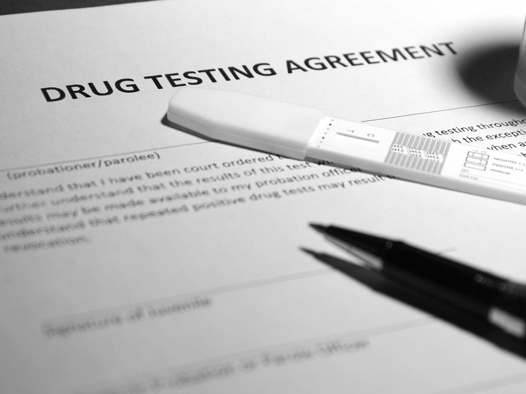 A drug testing agreement form with a pen and testing device on top