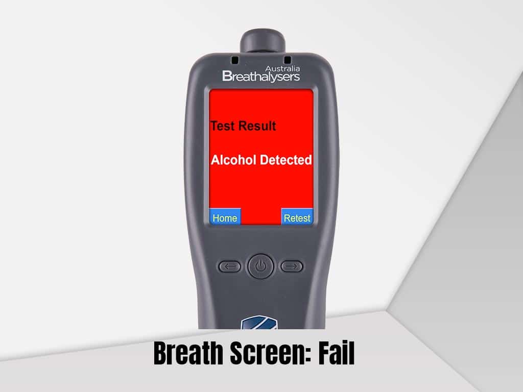 A workplace breathalyser showing a Fail result