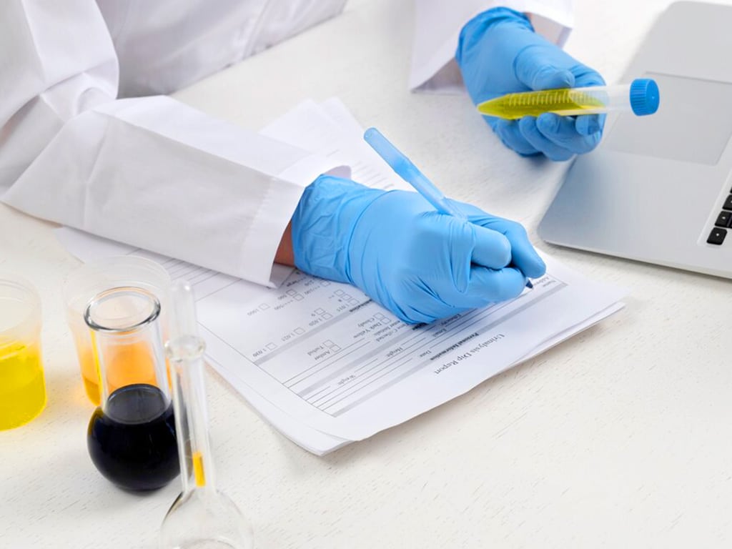 A professional writing into a document while holding a urine sample in a test tube