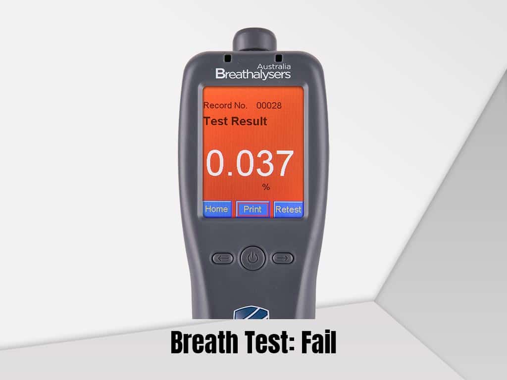 A breathalyser showing a failed alcohol breath test result