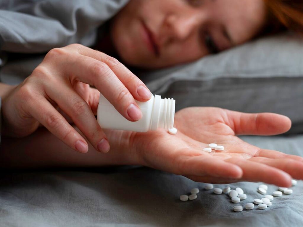 A woman pouring drugs on her palm while lying in bed