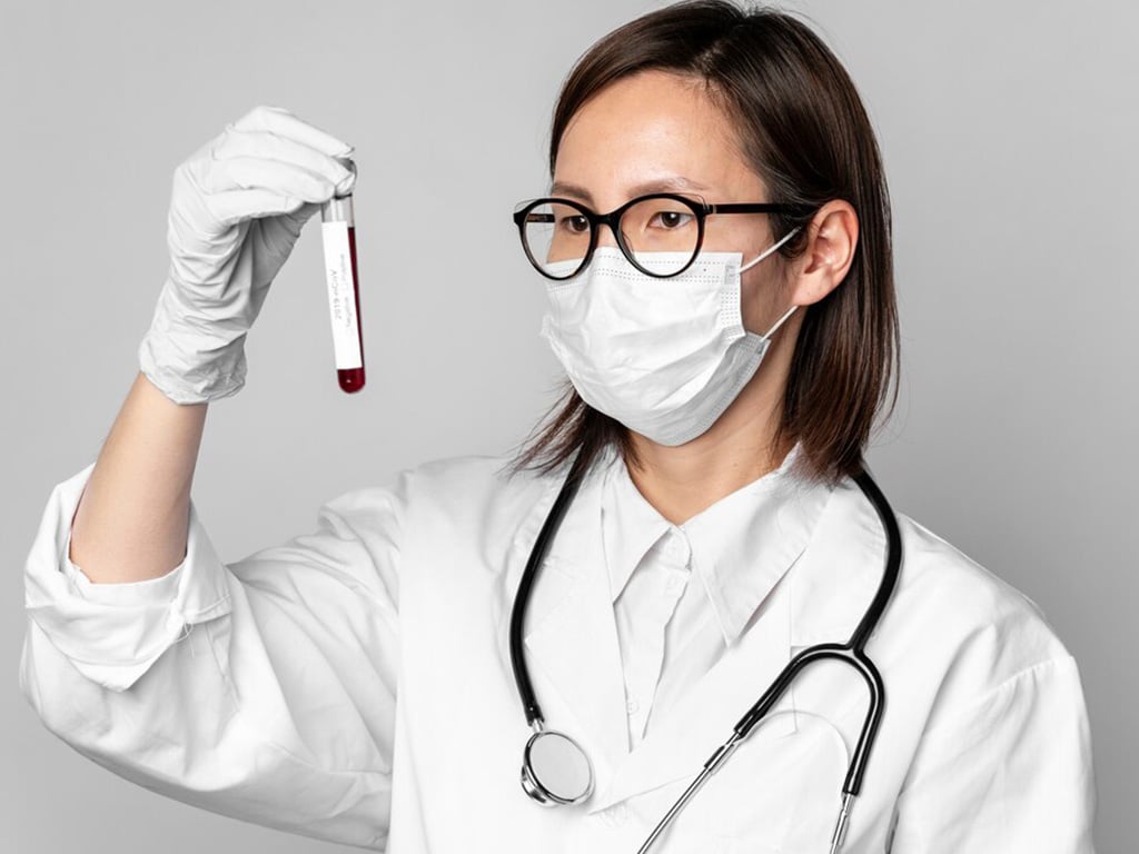 A health professional holding a vial of blood
